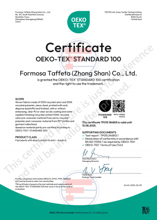 Oeko-Tex Standard 100 Certificate for China (Zhong Shan) factory(made of recycled nylon, recycled polyester)