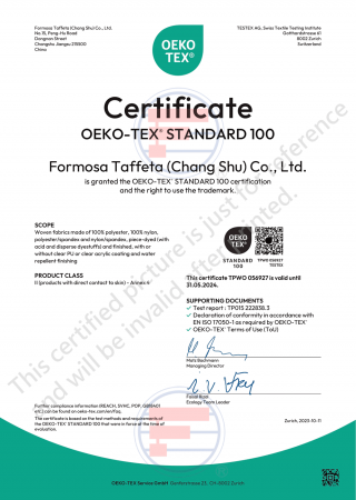 Oeko-Tex Standard 100 Certificate for China (Chang shu) factory(Woven fabrics made of nylon, polyester)