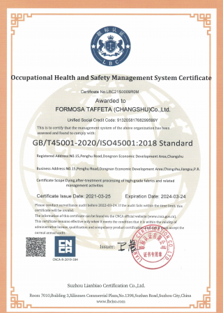 ISO 45001 Certificate for Changshu Plant
