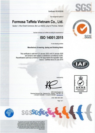 ISO 14001 Certificate for Long An Plant