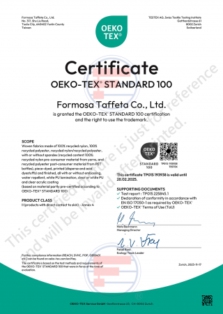 Oeko-Tex Standard 100 Certificate for Taiwan Plant (Woven fabrics made of recycled nylon, recycled polyester)