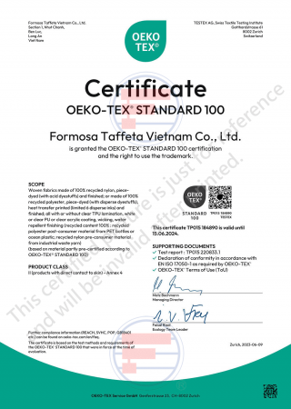 Oeko-Tex Standard 100 Certificate for Vietnam (Long-an) factory(Woven fabrics made of recycled nylon, recycled polyester)