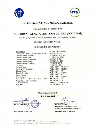 VF Laboratory Certificate for Dong Nai Plant