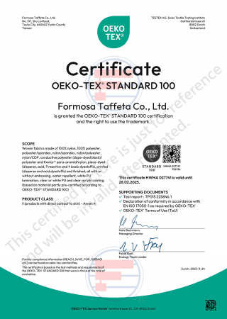 Oeko-Tex Standard 100 Certificate for Taiwan Plant (Woven fabrics made of nylon, polyester or their mixtures)