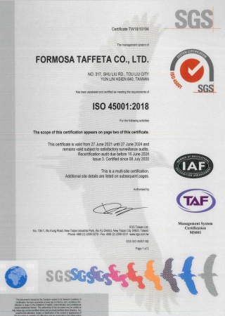 ISO 45001 Certificate for Taiwan Plant
