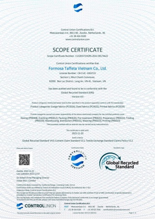 GRS Certificate for weaving, dyeing & finishing plants of Vietnam Plant