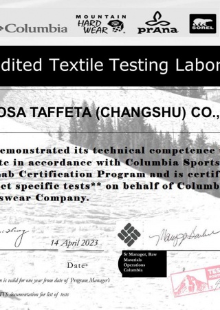 Columbia Certificate for Changshu Plant