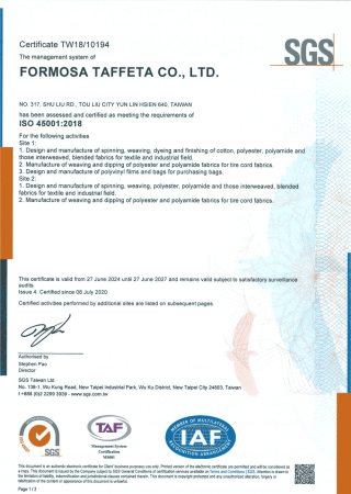 ISO 45001 Certificate for Taiwan Plant