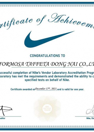 NIKE Vendor Laboratory Certificate for FTC Dong Nai Plant