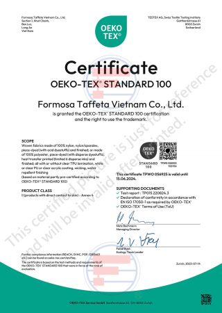 Oeko-Tex Standard 100 Certificate for Vietnam (Long-an) factory(Woven fabrics made of nylon, polyester)