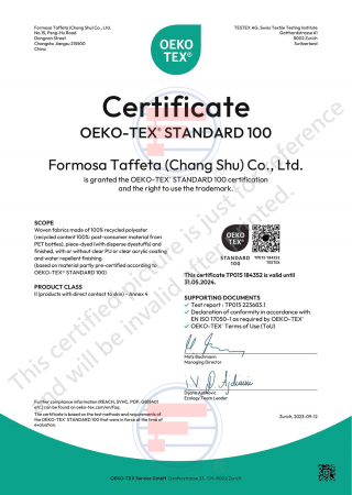 Oeko-Tex Standard 100 Certificate for China (Chang shu) factory(Woven fabrics made of recycled nylon, recycled polyester)