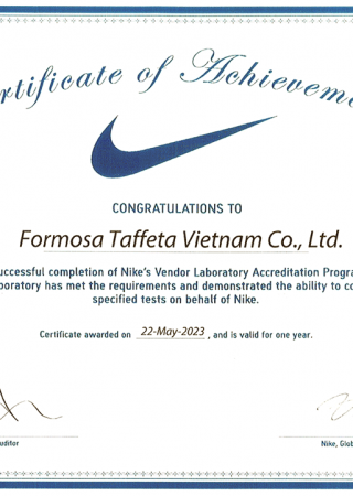 NIKE Vendor Laboratory Certificate for FTC Long An Plant