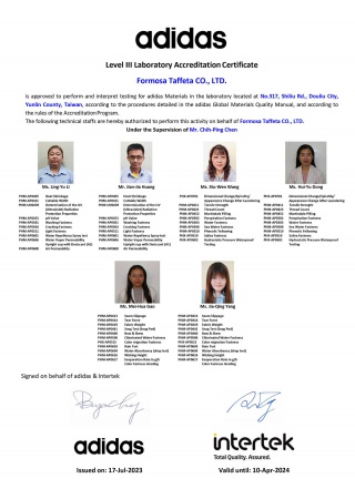 adidas Level III Laboratory Accreditation Certificate for FTC
