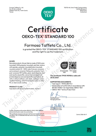 Oeko-Tex Standard 100 Certificate for Taiwan Plant (Woven fabrics made of recycled nylon, recycled polyester)