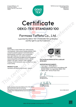 Oeko-Tex Standard 100 Certificate for Taiwan Plant (Woven fabrics made of nylon, polyester or their mixtures)