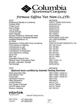 Columbia Certificate for Viet Nam Long-An Plants - List of Certified Tests