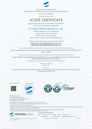 Recycled Claim Standard (RCS) Certificate for Long An Plant
