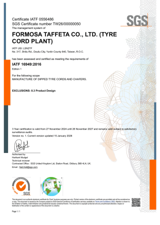 IATF 16949 Certificate for Taiwan Plant