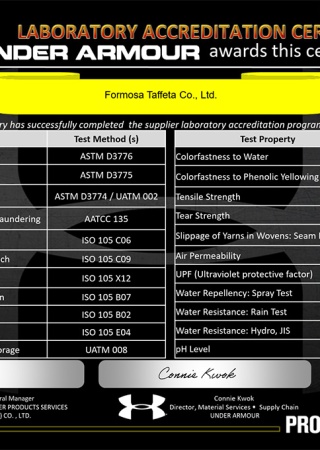 UNDER ARMOUR Laboratory Accreditation Certificate for Taiwan