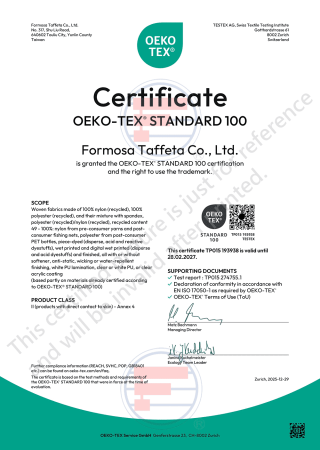 Oeko-Tex Standard 100 Certificate for Taiwan Plant (Woven fabrics made of recycled nylon, recycled polyester)