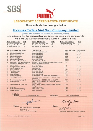 PUMA Laboratory Accreditation Certificate for Tay-Ninh