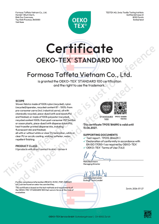 Oeko-Tex Standard 100 Certificate for Vietnam (Tay-ninh) factory(Woven fabrics made of recycled nylon, recycled polyester)