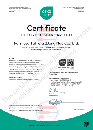 Oeko-Tex Standard 100 Certificate for Vietnam (Dong-nai) factory(Woven fabrics made of recycled nylon, recycled polyester)