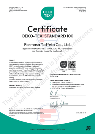Oeko-Tex Standard 100 Certificate for Taiwan Plant (Woven fabrics made of nylon, polyester or their mixtures)