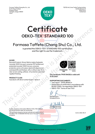 Oeko-Tex Standard 100 Certificate for China (Changshu) factory(Woven fabrics made of recycled nylon, recycled polyester)