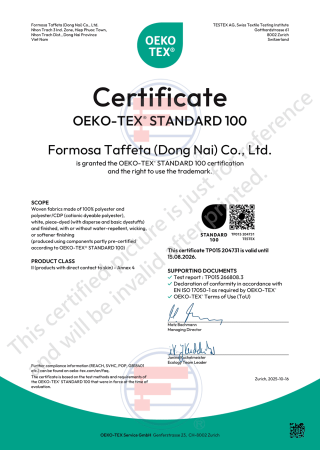 Oeko-Tex Standard 100證書_越南同奈廠(Woven fabrics made of nylon, polyester or their mixtures)