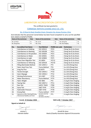 PUMA Laboratory Accreditation Certificate for Changshu