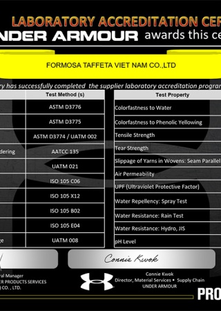 UNDER ARMOUR Laboratory Accreditation Certificate for Viet Nam