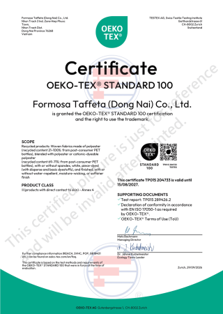 Oeko-Tex Standard 100證書_越南同奈廠(Woven fabrics made of recycled nylon, recycled polyester)
