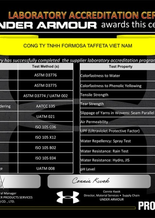 UNDER ARMOUR Laboratory Accreditation Certificate for Viet Nam