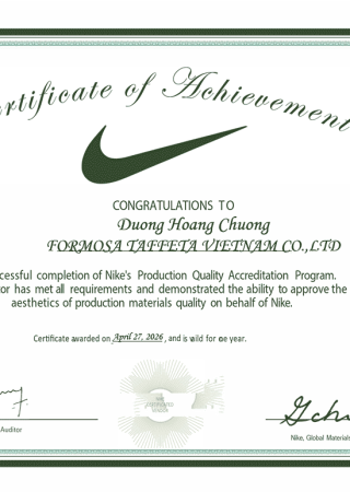 Nike's Production Quality Accreditation_Tay Ninh for Vietnam Plants